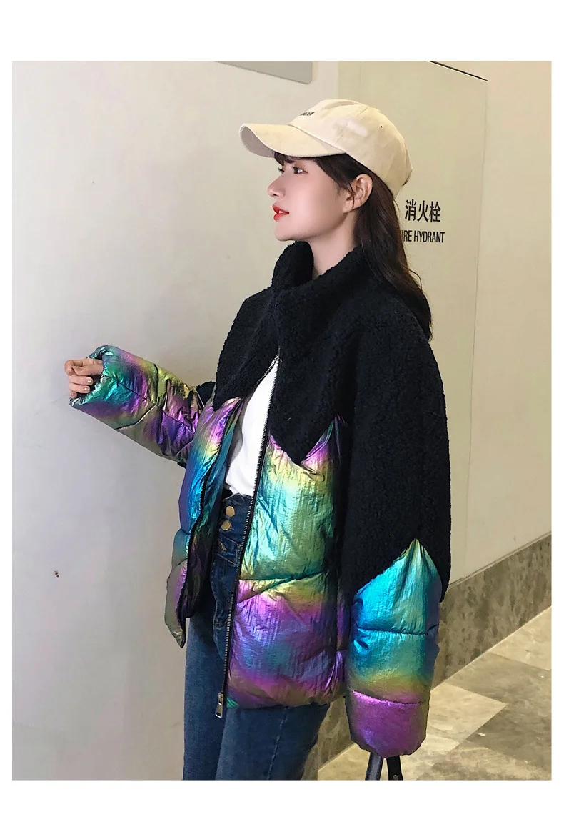 Women Winter Lamb Hair Short Down Jacket Loose Slim Fur Patchwork Glossy Cotton Coat