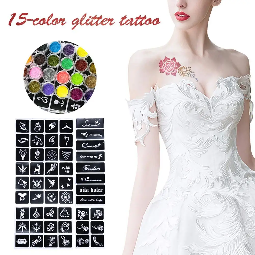 15 Colors 50 Templates Flash Diamond Glitter Flash Powder For Temporary Tattoo Kids Face Body Painting Art Tools Suit TSLM1 NEW