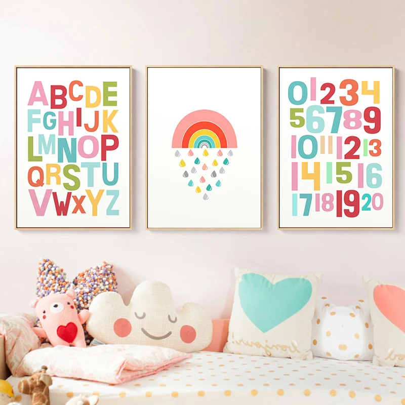Пол нейтральный стена искусство Алфавит принт для детской постер с радугой Kawaii