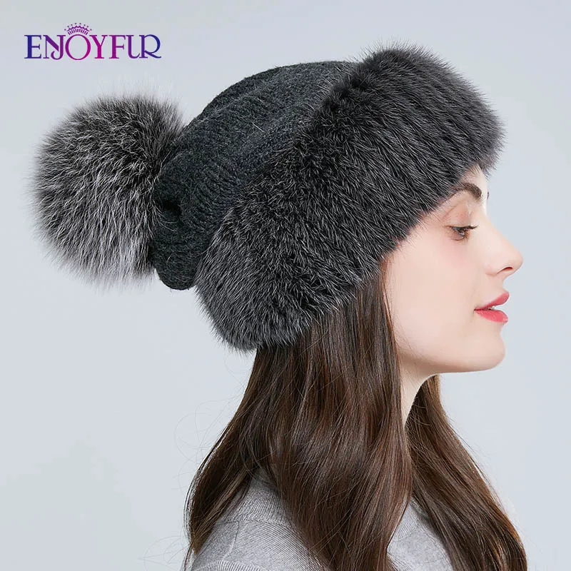 ENJOYFUR шапка из меха норки для зимы, вязаные шерстяные шапки для женщин, меховые шапки с помпоном из лисьего меха, теплые стильные шапки для женщин - Цвет: 03