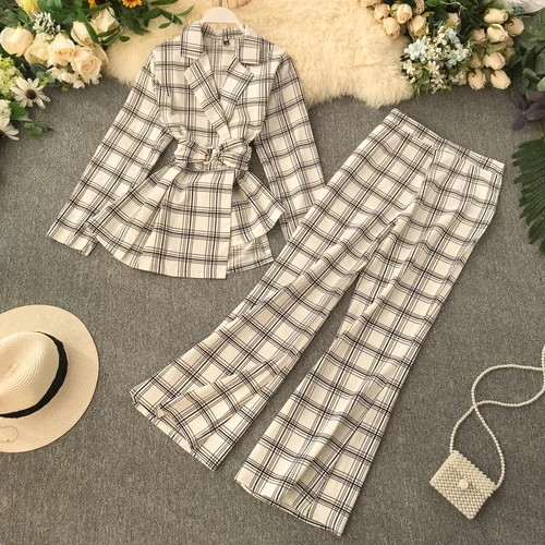 white Neploe Temperament Office Work Style 2 Pcs Women Set Slim Waist Plaid Irregular Blazer+ High Waist Hip Horn Trousers Autumn47334 - Цвет: white
