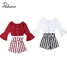 Коллекция года, весенне-осенняя одежда для малышей футболка с длинными рукавами с расклешенными рукавами для маленьких девочек+ полосатый наряд с шортами, комплект из 2 предметов, платье, От 1 до 5 лет