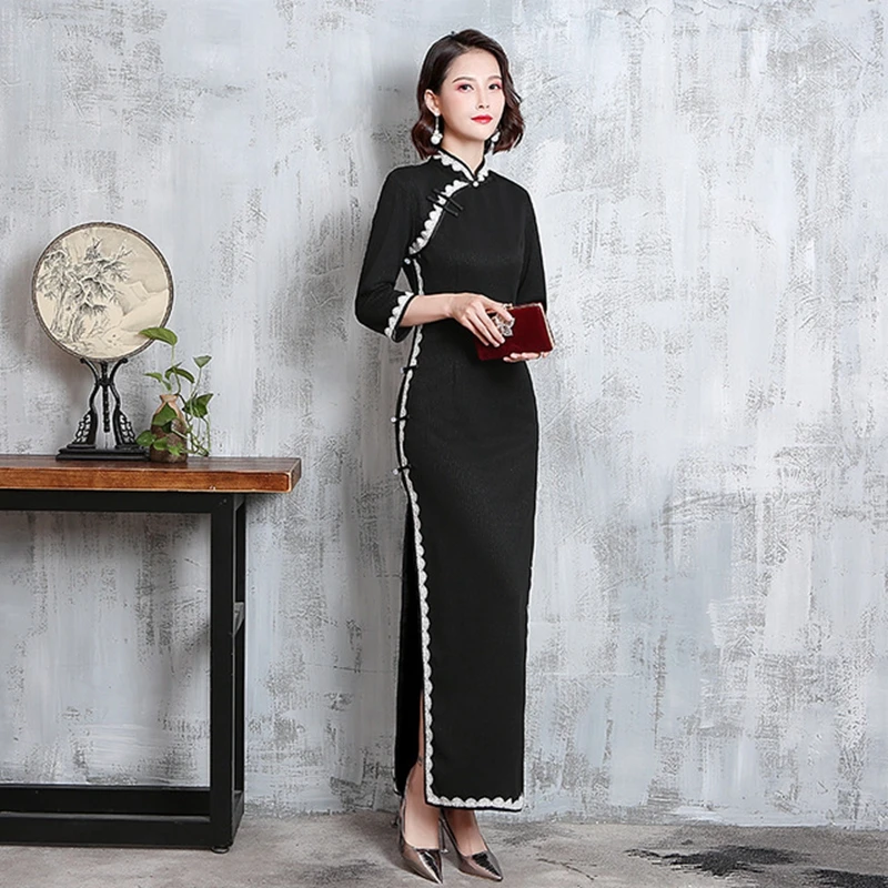 Платье с длинными рукавами, черное, модифицированное, версия cheongsam girl, было тонким, ретро, китайское, стильное, темпераментное платье, тонкое, длинное, Qipao платье