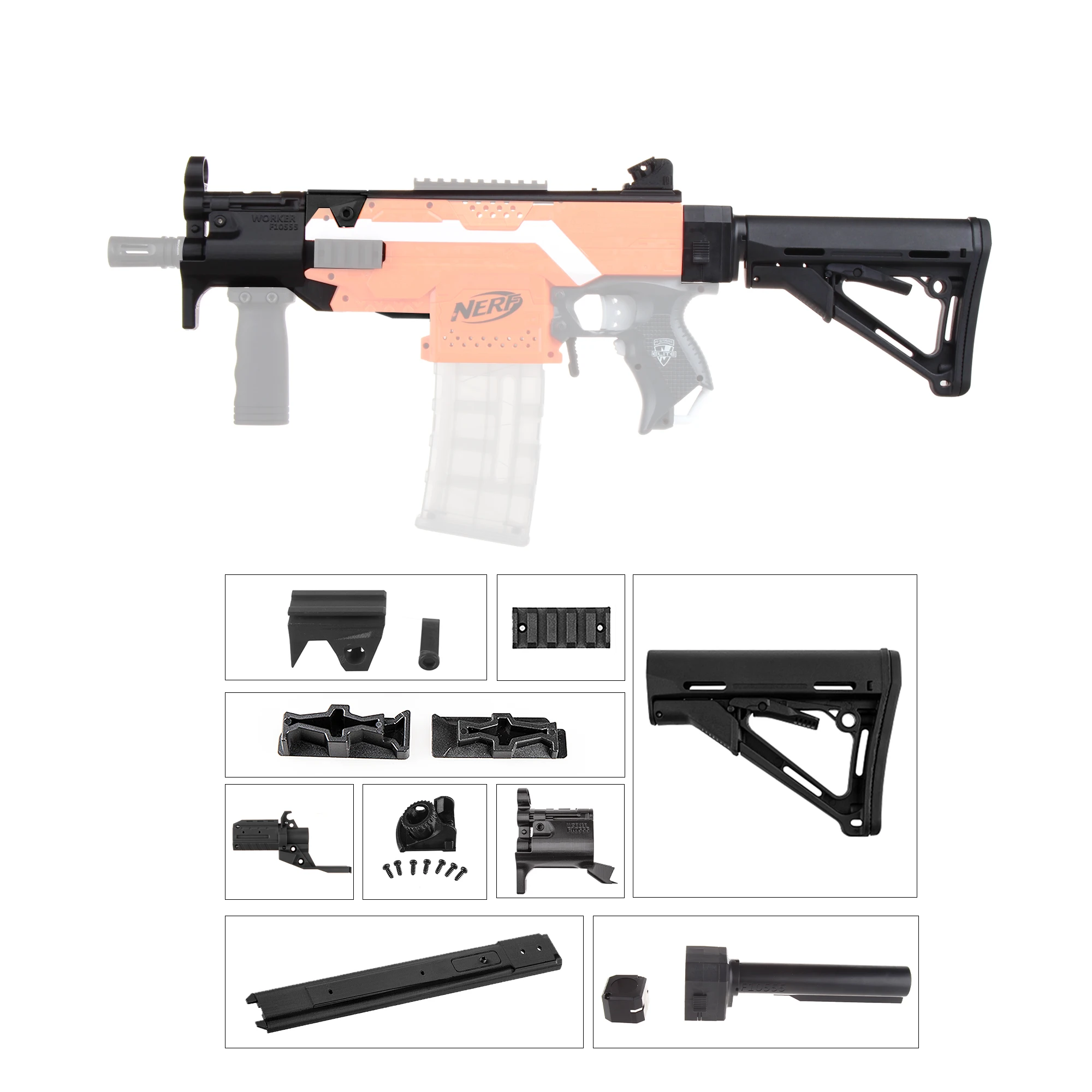 Worker MOD F10555 MP5K PWD Black 3D Print Barrel Jacket Kit for Nerf STRYFE Toy