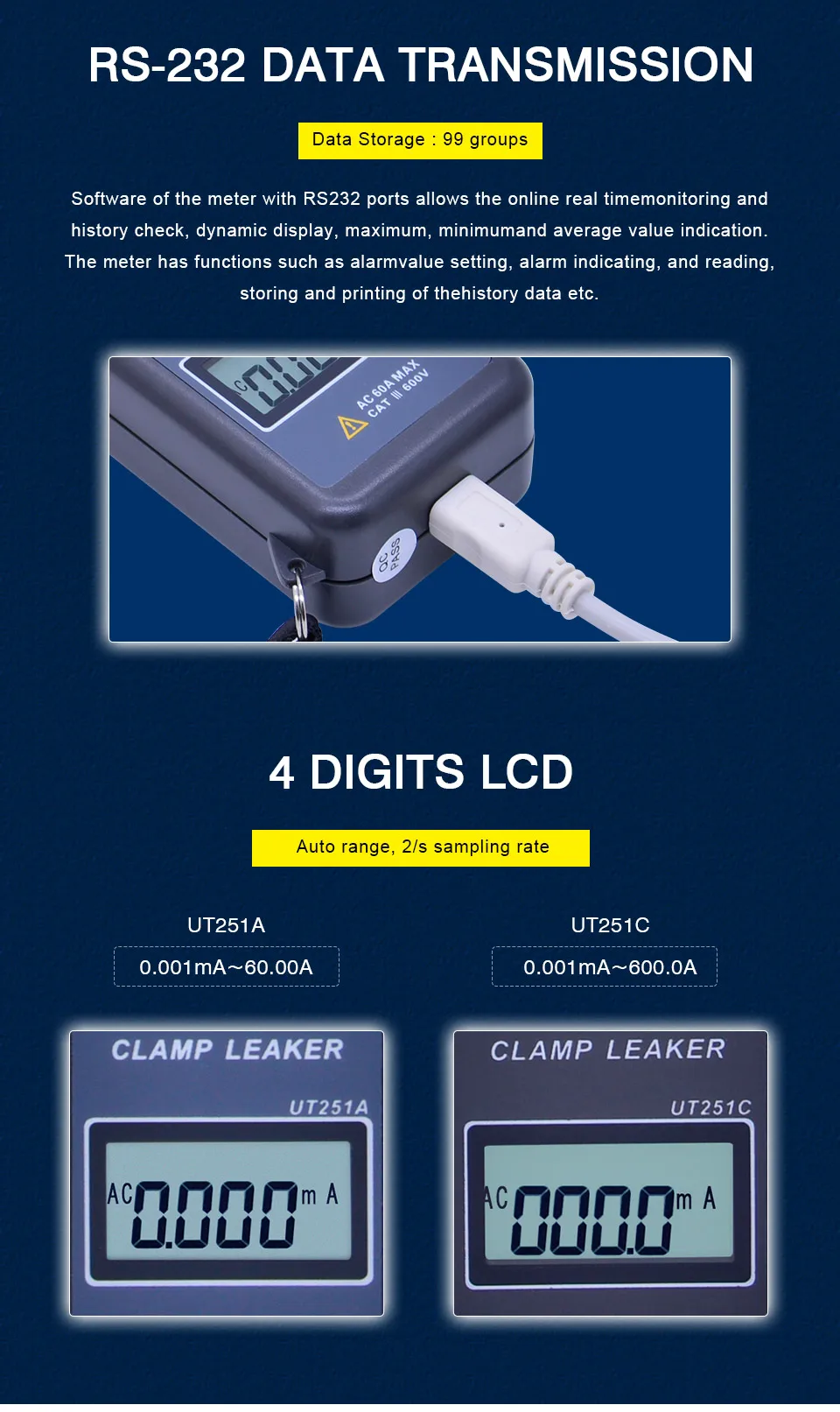UNI-T UT251A UT251C RS-232 Auto Range High Sensitivity Leakage Current Clamp Meters with 99 Data Logging Ammeter Multitester