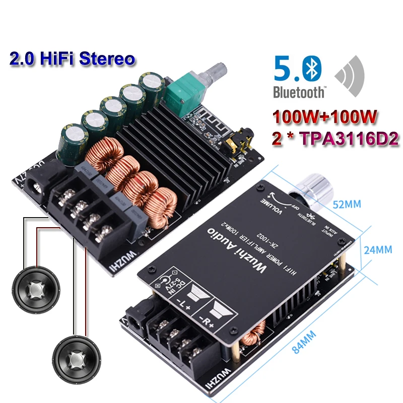 TPA3116D2 2*100W Bluetooth 5.0 Audio Power Amplifier Stereo HiFi Class D Digital TPA3116 Home Theater AUX Mini Music AMP | Электроника