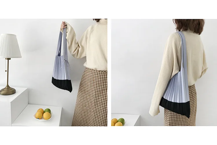 Wool knitting Pleated Bags Patchwork Drawstring Shopping Bags Girls Causal Large Shoulder Bag Korean Japanese Chic Small Handbag