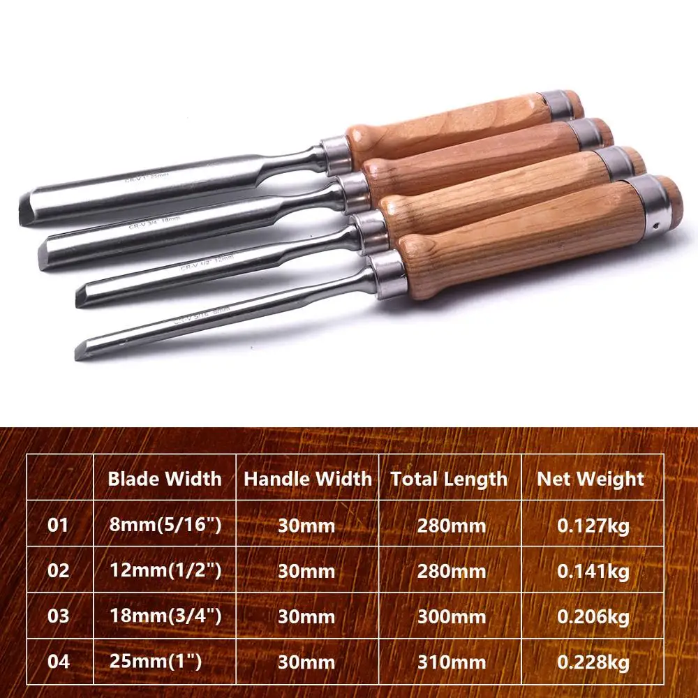 4pcs 8mm 12mm 18mm 25mm Semicircular Wood Carving Chisels Chrome Vanadium Steel Blade Wood
