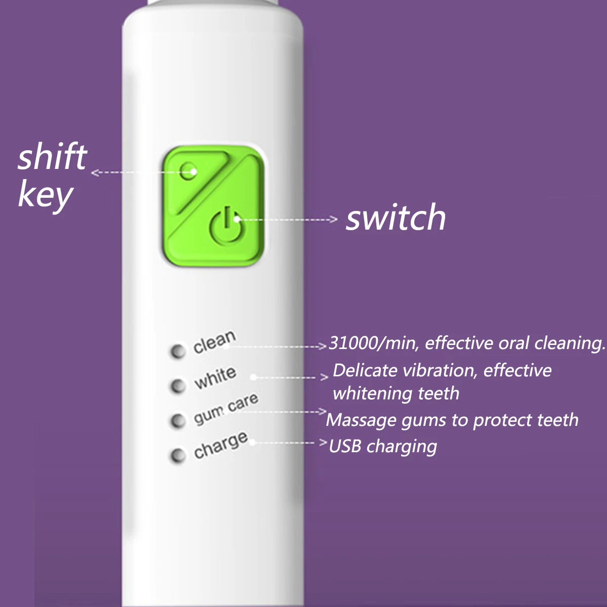 SPZ Electric Toothbrush 3 Mode USB Acoustic Wave Vibration Waterproof IPX7 Soft With 4pcs Replacement Head Electric Teeth