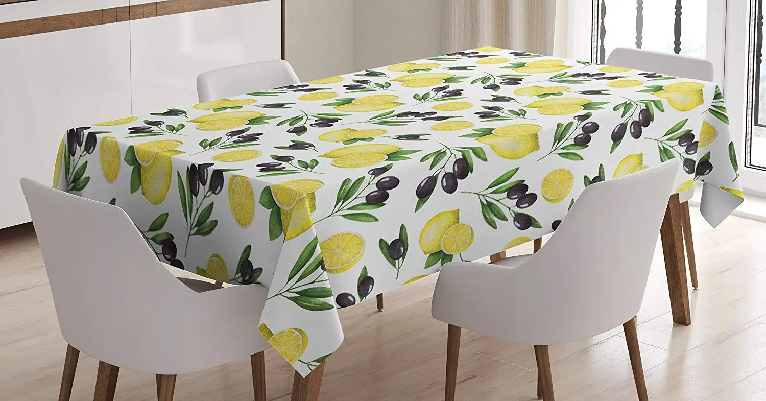 

Kitchen Tablecloth Watercolors Painted Pattern of Olives and Lemons Healthy Mediterranean Food Dining Room Kitchen Table Cover