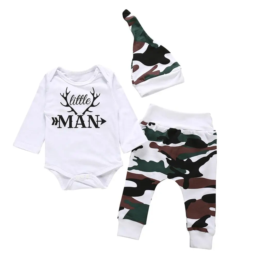 

Newborn Baby boy Clothes Sets Autumn New Camouflage Outfits Romper Pants Hat Letter Little Man Print Toddler Infant Clothing Boy