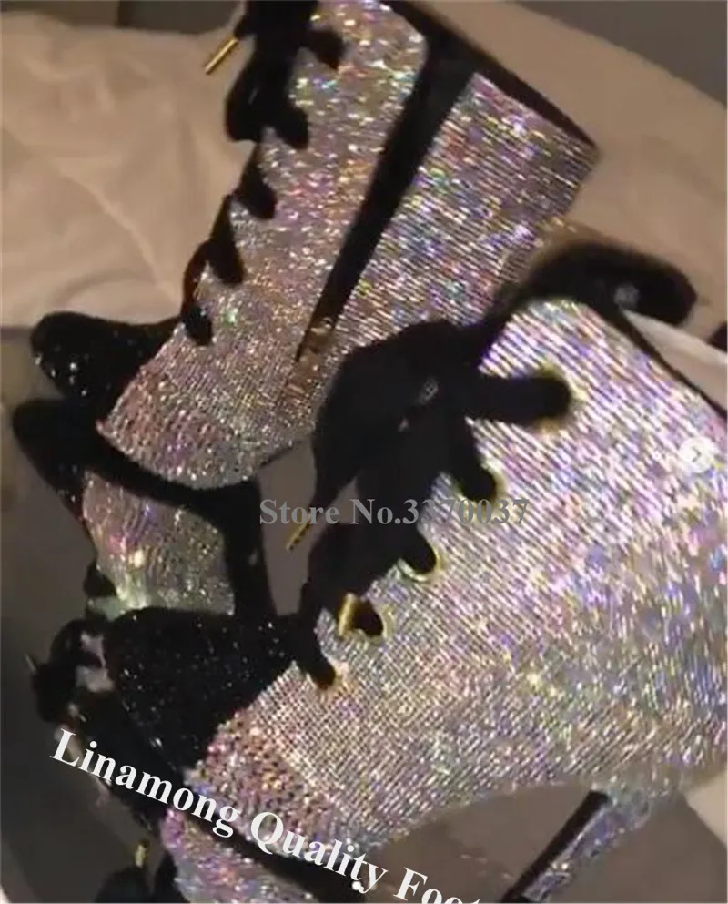 Linamong Bling острый носок Стразы в стиле пэчворк на шпильке полусапожки черные линзы, дужки серебристого цвета с украшением в виде кристаллов на шнуровке Ботильоны каблуки