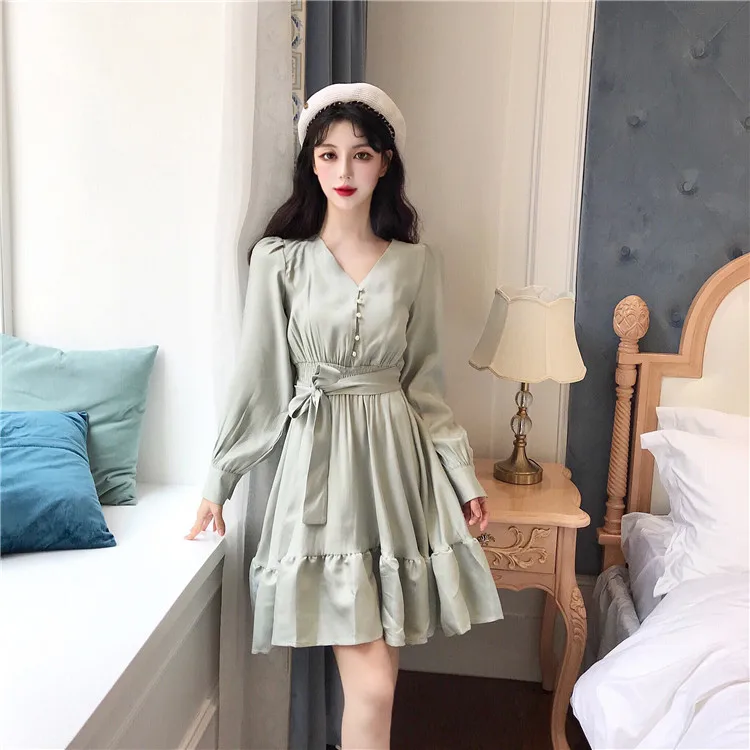 Женское мини-платье с V-образным вырезом весенне-осеннее платье в Корейском стиле