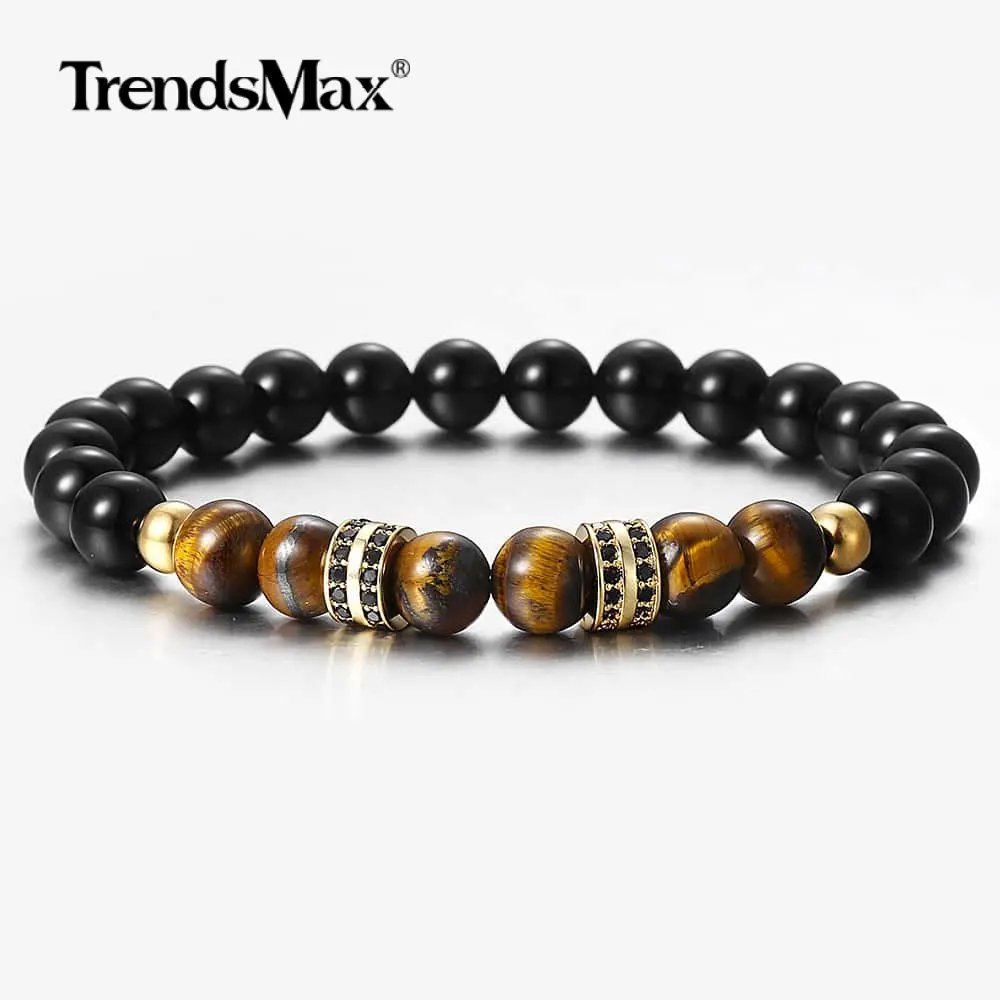 Trendsmax натуральный камень тигровый глаз браслет мужские женские 8 мм проложили CZ бисером стрейч браслеты Шарм ювелирные изделия подарок DBM60
