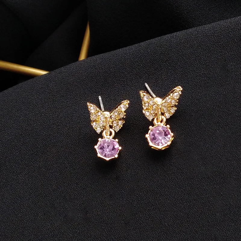 Japanese Fantasy Small Purple Rhinestone Butterfly Zircon Clip on Earrings No Hole Summer Mini Temperament Butterfly Earrings