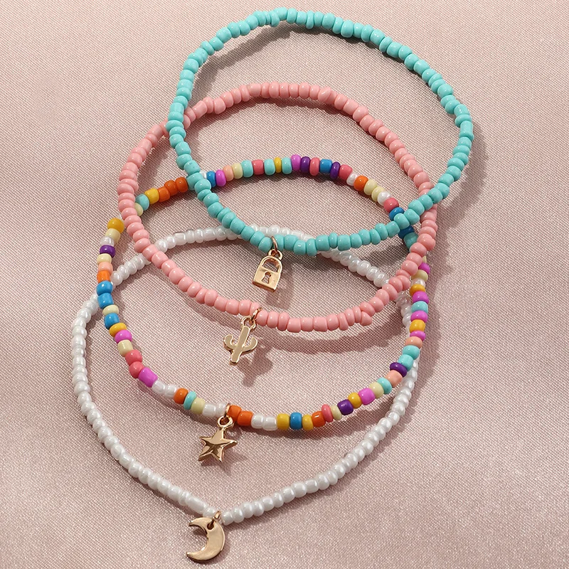 4PCS/SET Bohemian Anklet Women Mixed Star Moon Cactus Lock Pendant Summer