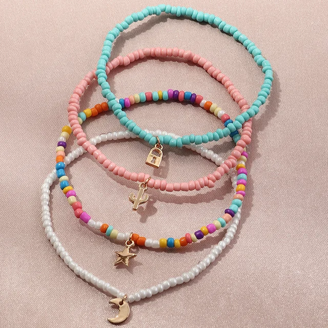 4PCS/SET Bohemian Color Multilayer Anklet Women Mixed Star Moon Cactus Lock Pendant Summer Beach Casual Jewelry Friendship Gift 6