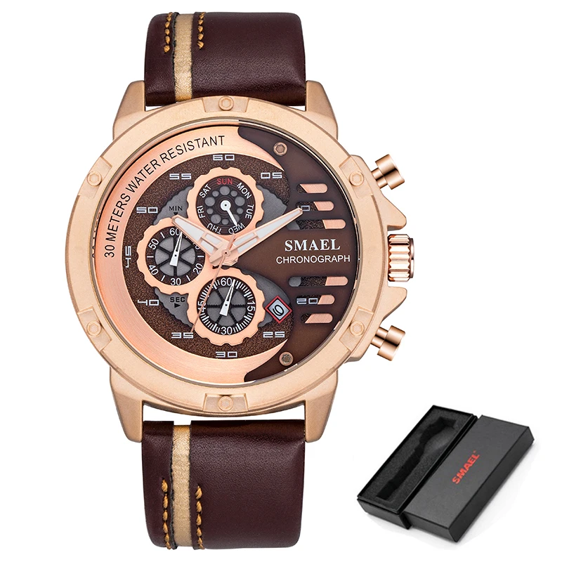 Rose Gold SMAEL мужские спортивные часы модные водонепроницаемые кварцевые часы с датой мужские кожаные военные наручные часы хронограф relogio masculino - Цвет: Rose Gold