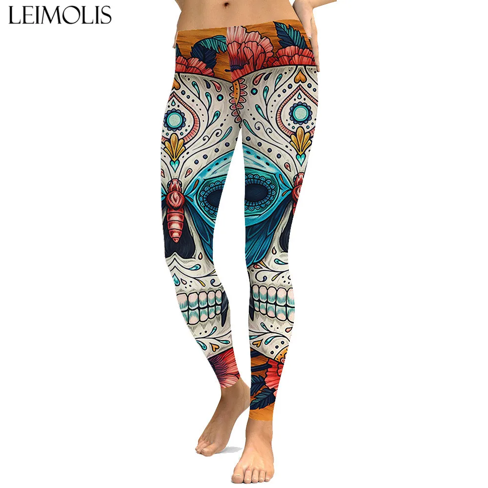 

LEIMOLIS sexy gothic Butterfly Skull blue print push up leggings plus size women fitness workout punk high waist spandex leggins