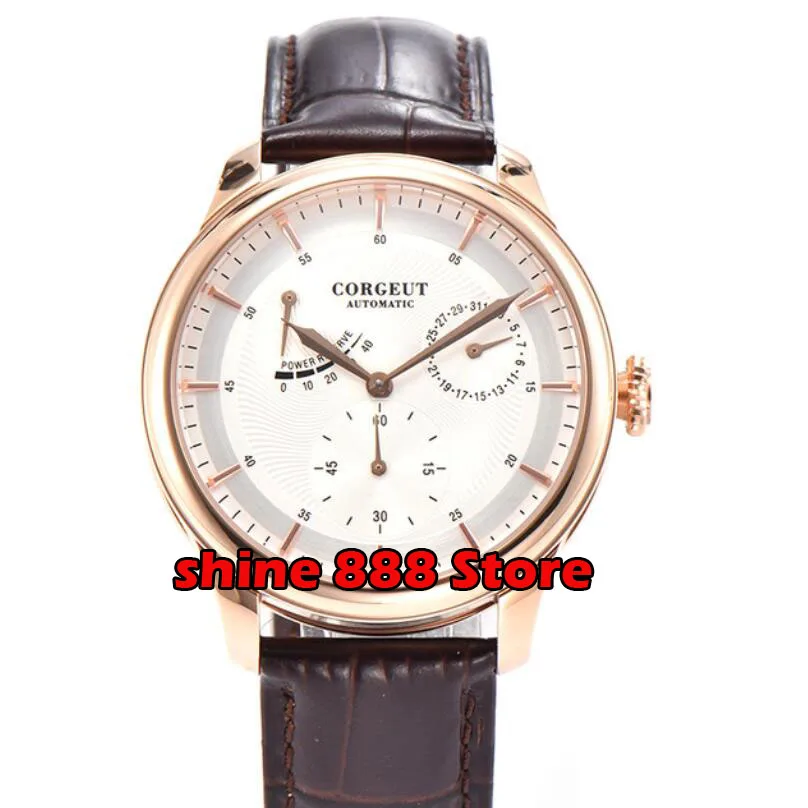 

Corgeut 40mm New Men's Top Mechanical Watch Rose Gold Case Date Leather Strap Power Reserve Automatic Watch
