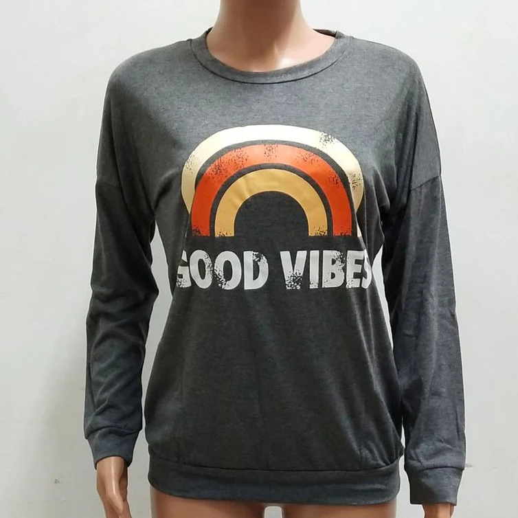 Женская толстовка с длинным рукавом с графическим топом с надписью Good Vibe, толстовка с принтом, Женские повседневные топы, рубашка с принтом радуги, карманные Рубашки
