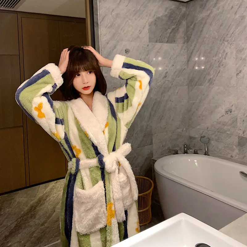Coral Fleece Nightgown Women Winter Flannel Plus Velvet Warmth Princess Long Sweet Bathrobe Spring Autumn Pajamas