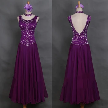 

Ballroom Dance Dress Competition Dancewear Prom Evening Party Long Dress Rhinestone Swing Skirt Purple Standard Ballroom Dress