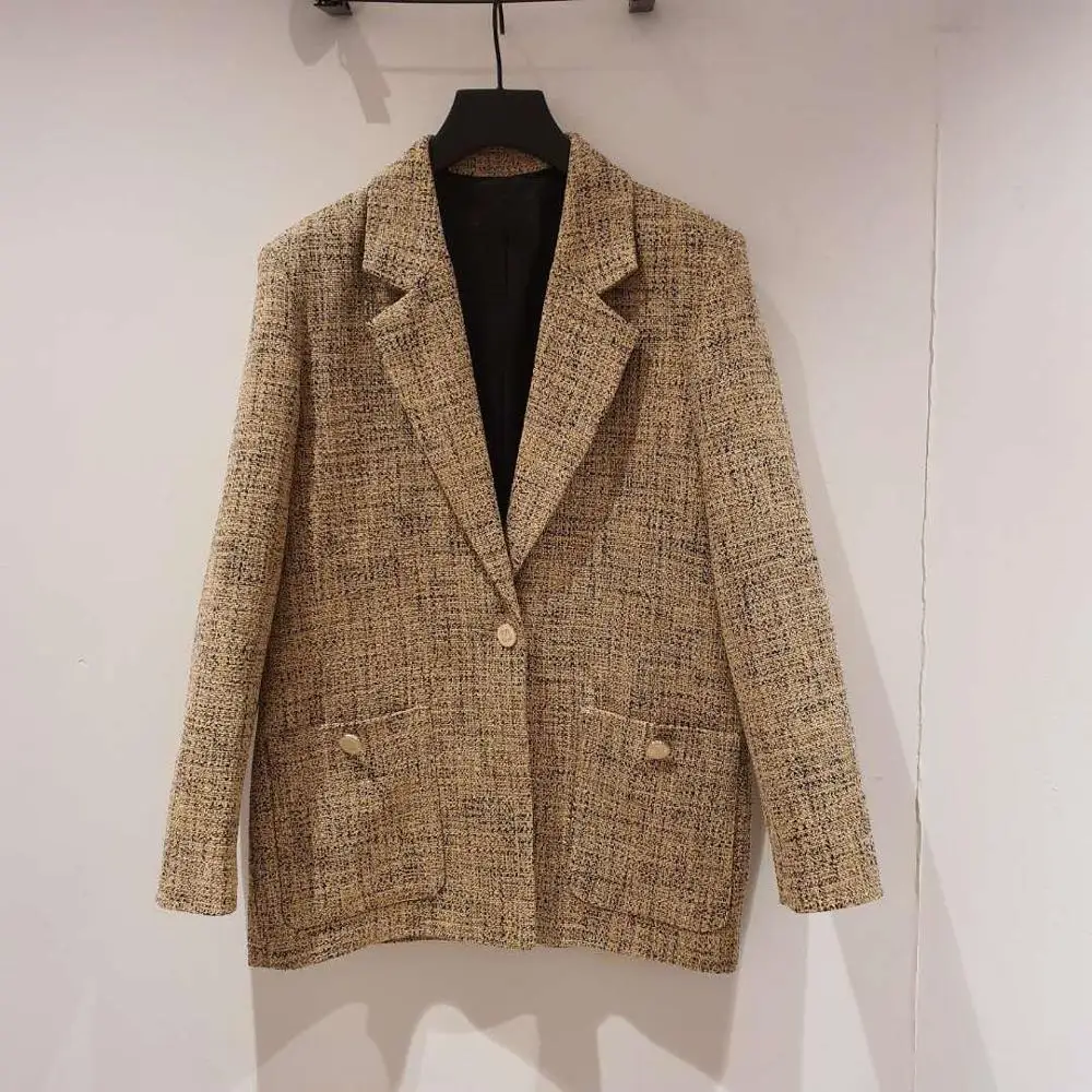 

Women Tweed One Button Casual Blazer Long Sleeve Office Lady Coat with Pockets New