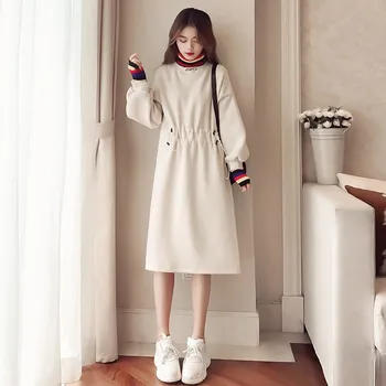 

Female Dress 2019 Autumn Winter Temperament Stitching Dress Turtleneck Loose Plus Velvet Thickening Casual Women Dresses XIN282