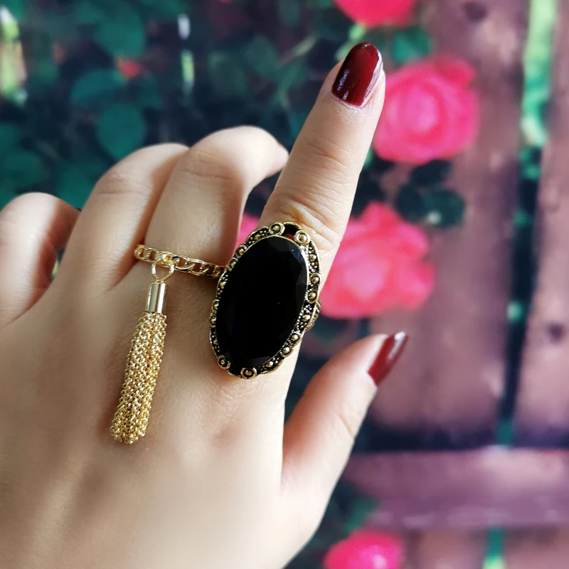 KIOOZOL Black Oval OPAL and Metal Tassel Pendant Ring Sets for Women Vintage Party Jewelry Accessories 161 KO2 | Украшения и