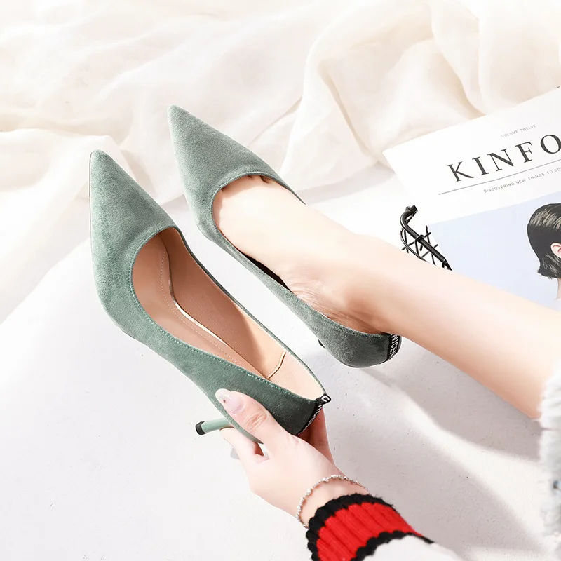 

659-1 Work-Style Nightclub Suede Pointed Toe High Heel Shoes Thin Heeled Shallow Mouth Single Shoes Women's 2019 WOMEN'S Shoes S