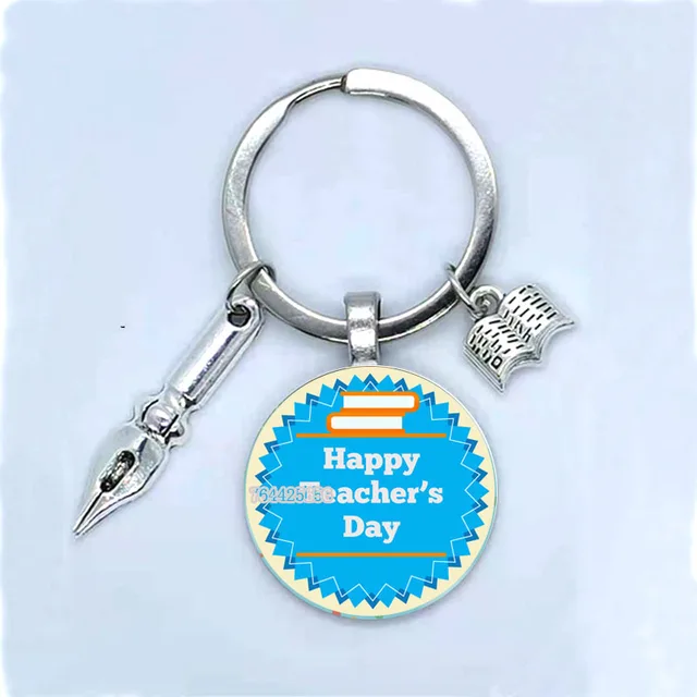 Fashion New Dear Teacher Round Glass Keychain Handmade DIY Book Pen Decoration Pendant Keychain Teacher'S Day Gift Souvenir 4