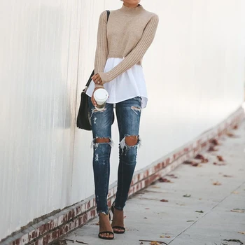 

Winter Plus Size Sweater Knitted Autumn Sweater Women Patchwork Turtleneck Pullover