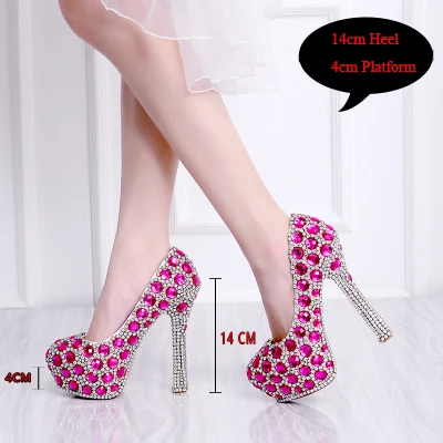 Pink 14cm Heel Туфли-лодочки на платформе; свадебные туфли; Цвет зеленый, синий, розовый; женские туфли со стразами на высоком каблуке для невесты; вечерние стразы; слипоны с круглым носком - Цвет: Pink 14cm Heel