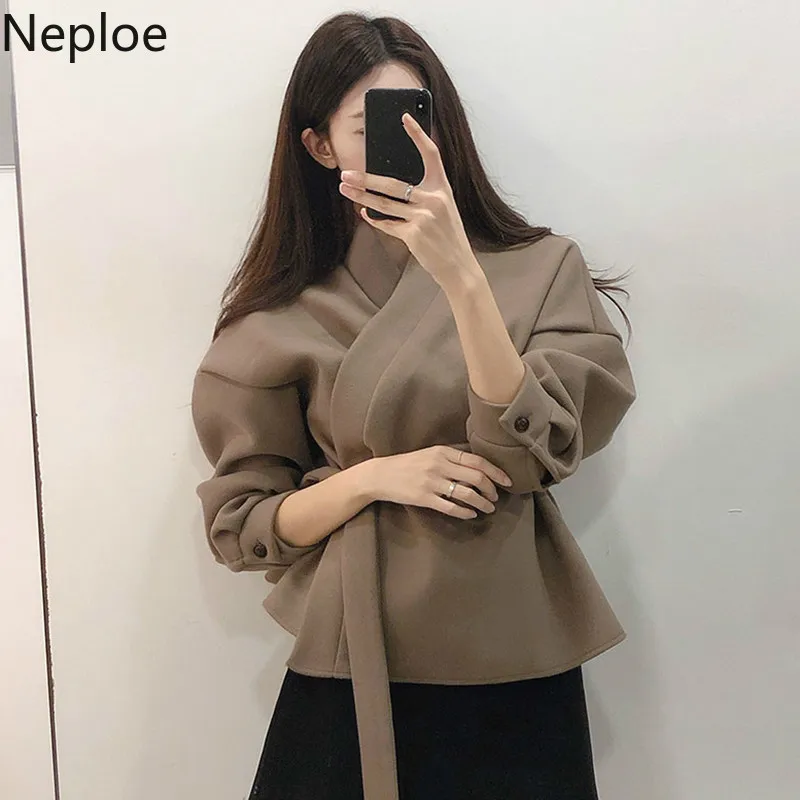 Neploe, шикарное, Ретро стиль, v-образный вырез, тонкая посадка, смесь, женский, тонкая талия, шнуровка, однотонный, длинный рукав, пальто, осень, весна, однотонный, Теплый Женский Топ 47772