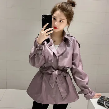 

Autumn Women Loose Pu Faux Soft Leather Jacket Turndown Collar Motorcycle Black Coat Female Streetwear Outerwear With Belt