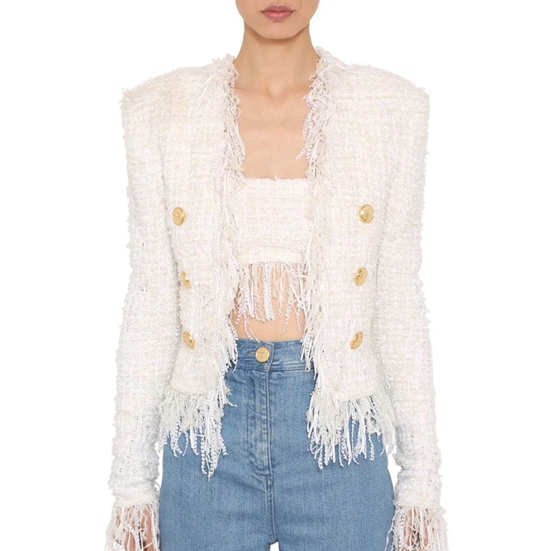 

Drop Shipping New Jacket Women Autumn Winter Woollen Cloth Fringed Tassel Tweed Long Sleeve White Slim Office Ladies Jacket Coat