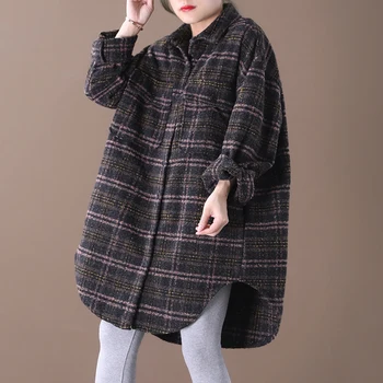 

Female new winter and beginning spring Korean style plus size irregular checked thickened loose shirt