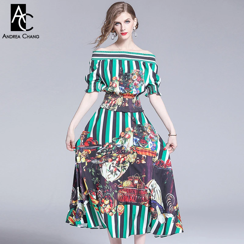 M-XXL spring summer woman dress vintage pattern black white green strip slash collar fashion calf length | Женская одежда