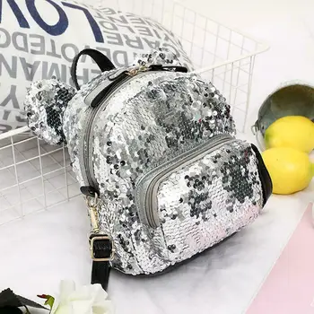 

Fashion Women Shining Sequins Backpack PU Leather Bear Ear Teenage Girls Travel Party Mini Shoulder School Bags