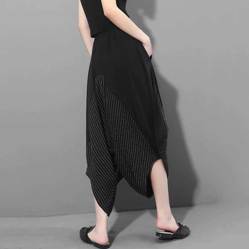 [EAM] High Elastic Waist Black Striped Split Long Harem Trousers New Loose Fit Pants Women Fashion Tide Spring Autumn 2020 1Z313