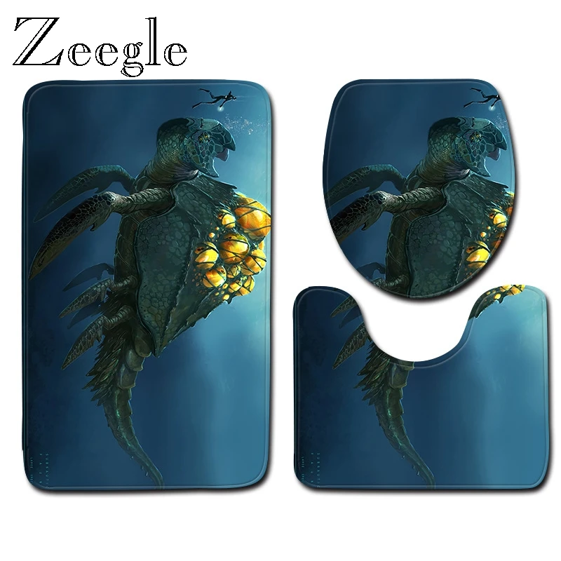 Zeegle Ocean World Bath Mat Set Pedestal Rug Lid Toilet Cover Polyester Bathroom Floor Mat Bathroom Accessories Bath Rug