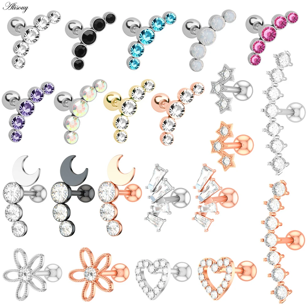 

Alisouy 1PC Zircon CZ Leaf Heart Star Flower Ear Studs Cartilage Earring for Women Stainless Steel Small Ear Piercing Jewelry