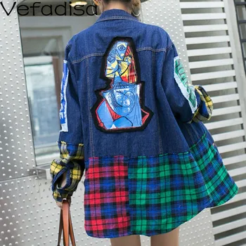 

Vefadisa Autumn Woman Plaid Printed Cowboy Coat Loose Spliced Full Sleeve Coat Single Breasted Turn-down Collar Coat 2019 QYF192