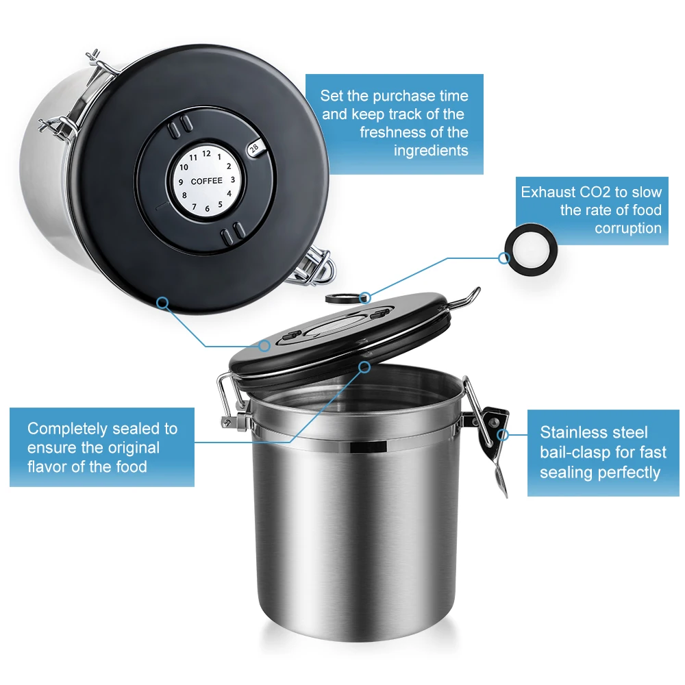 Online 1.5L Kaffee Kanister Mit Scoop Luftdichten Kaffee Behälter Edelstahl Lagerung Kanister Set Für Kaffee Bohnen Tee