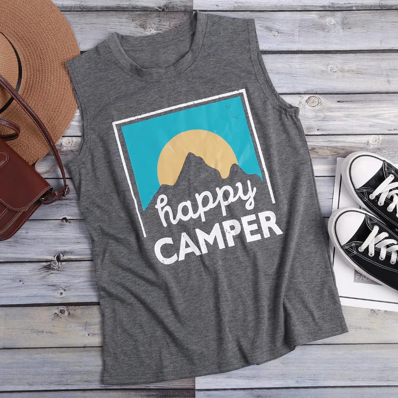 Женский жилет без рукавов с принтом Happy Camper летняя новая женская серая футболка
