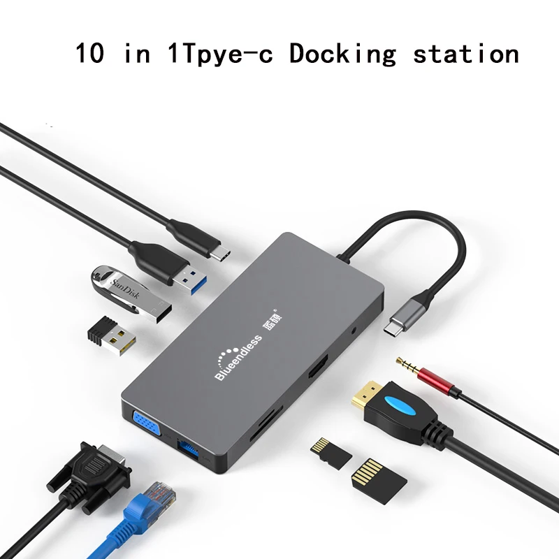 10 in 1Tpye-c USB C концентратор type C для нескольких USB 3,0 концентратор HDMI адаптер док-станция для MacBook Pro huawei mate 30 XiaoMi DELL HDMI разветвитель порт type C концентратор - Цвет: 10 in 1Tpye-c