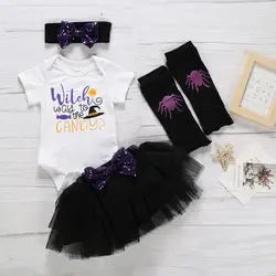 Для новорожденных, для девочек на Хэллоуин Костюмы комплект короткий рукав с принтом букв комбинезон Детский комбинезон + сетка юбка-пачка