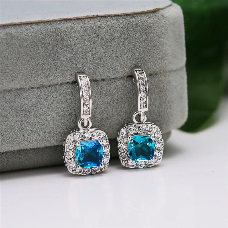 Mystic Rainbow Gradient Square Stone Drop Earrings For Women White Gold Multicolor Crystal Zircon Dangle Bridal Jewelry | Украшения и