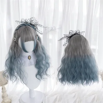 

Cosplaysalon 50CM Lolita Grey Mixed Blue Ombre Long Curly Bangs Halloween Cute Party Synthetic Cosplay Wig
